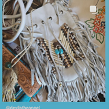 Bohemian White Leather Fringed Bag with Bead & buffalo Bone Detail