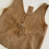 Vintage Route 66 Suede Fringe Tank – Tan Leather Lace-Up Top m