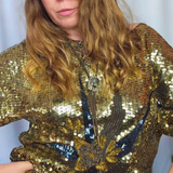 Vintage Gold Sequin Blouse with Floral Beaded Applique S/M