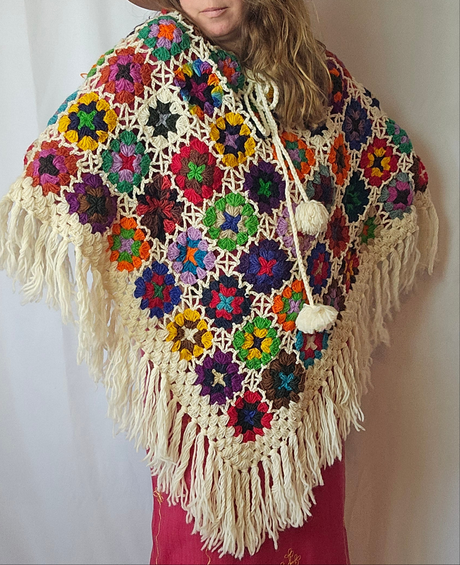 Made In Nepal Pure Wool Rainbow Flower Poncho Jacket OS Fringed Pom Poms