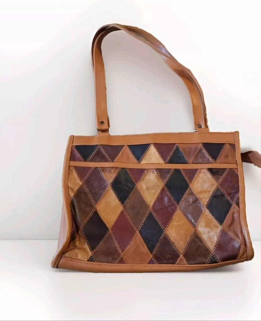 Vintage Genuine Leather Patchwork Shoulder Bag – Boho 70s Style