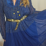 Vintage Adini Quilted Yoke Dress in Midnight Blue & Gold – Made in India (Size S/10)
