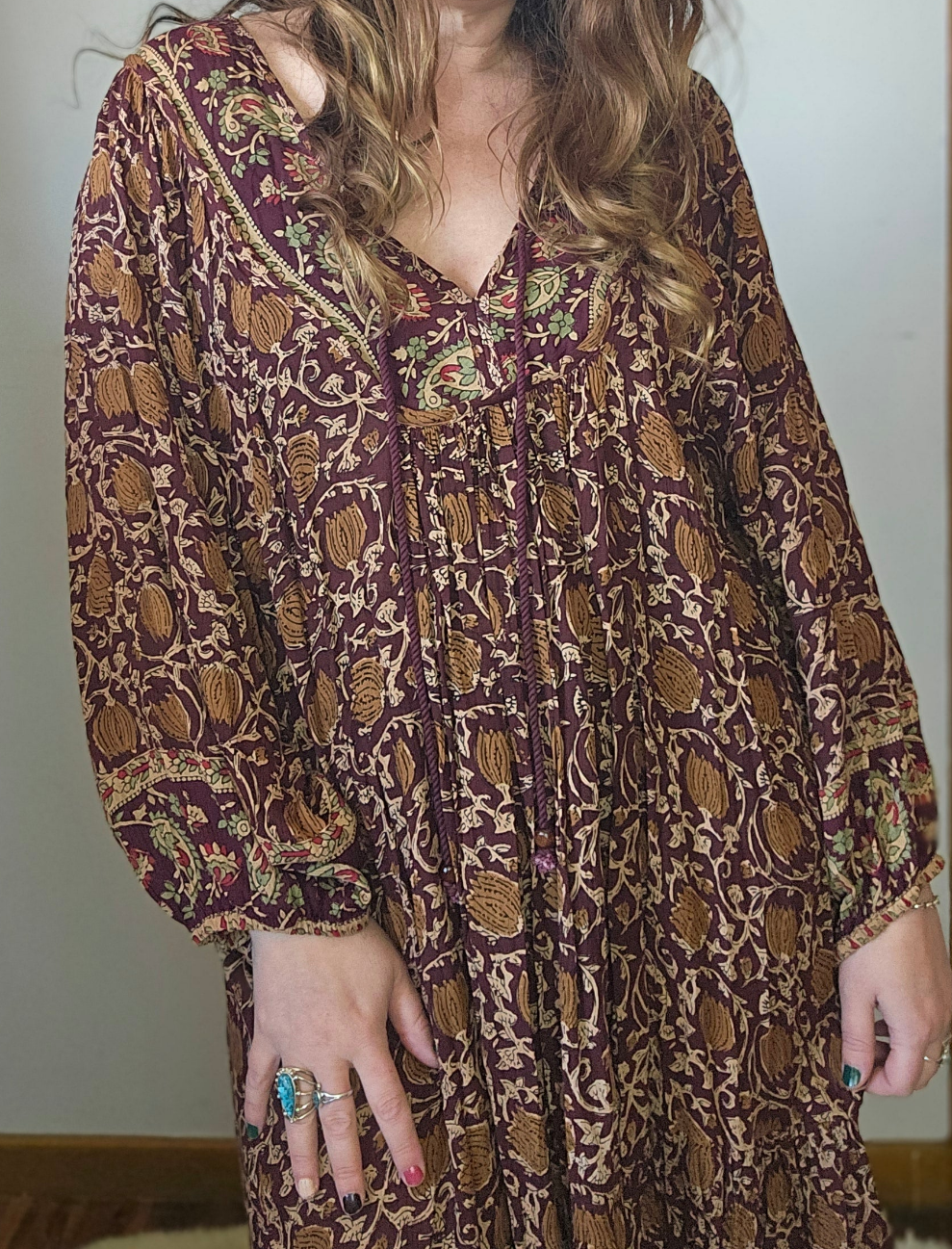 Side view of Tree of Life boho block print dress – loose fit flowy sleeves

