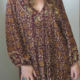 Side view of Tree of Life boho block print dress – loose fit flowy sleeves

