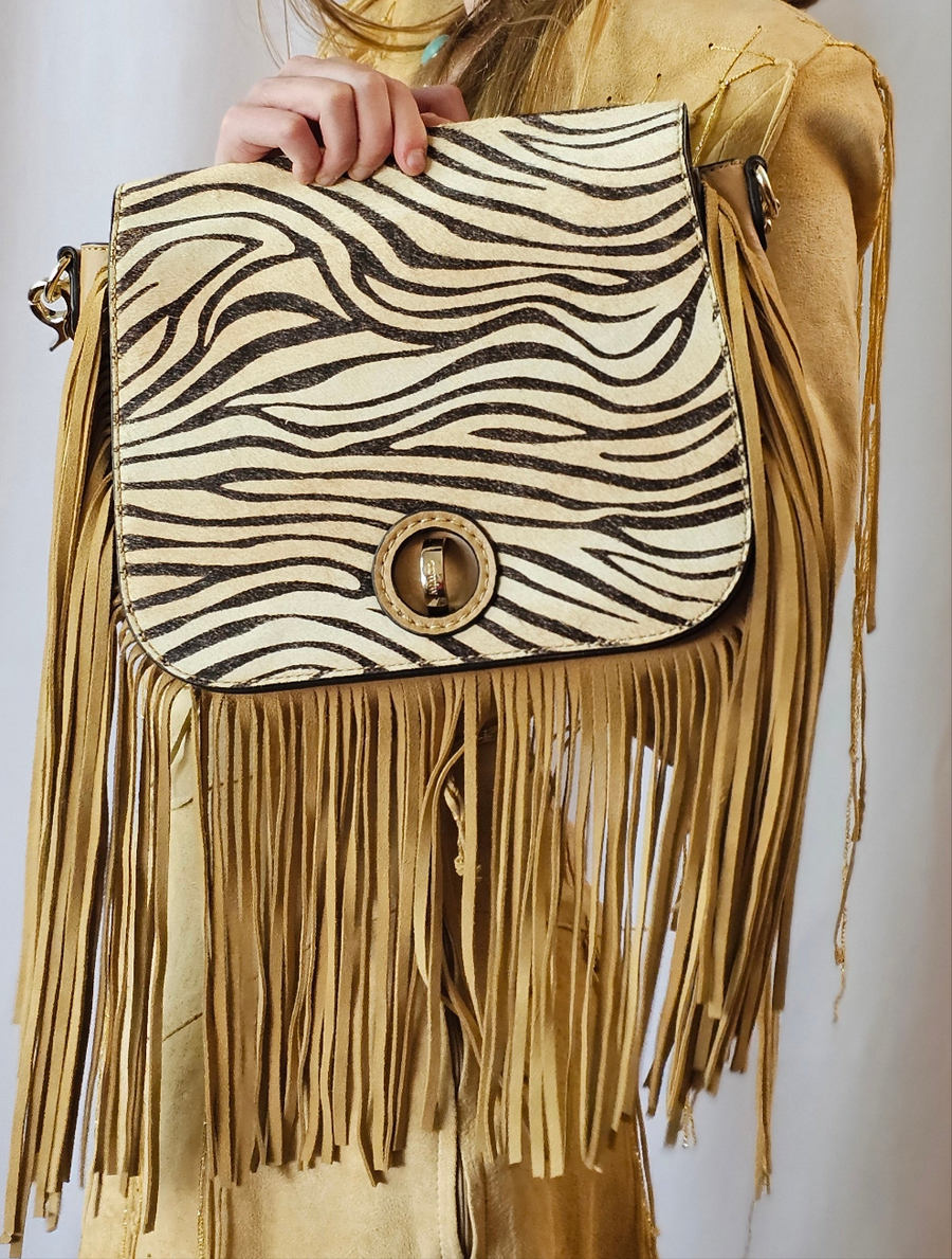 MIMCO ZEBRA PRINT FRINGE CLUTCH/HANDBAG