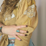 Vintage Mustard Floral Embroidered Blouse – Boho Western Button-Up Shirt M