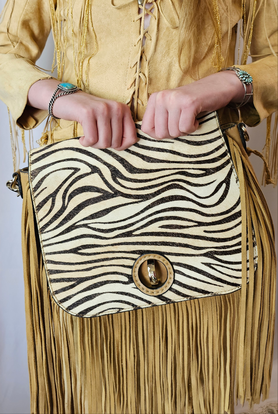 MIMCO ZEBRA PRINT FRINGE CLUTCH/HANDBAG