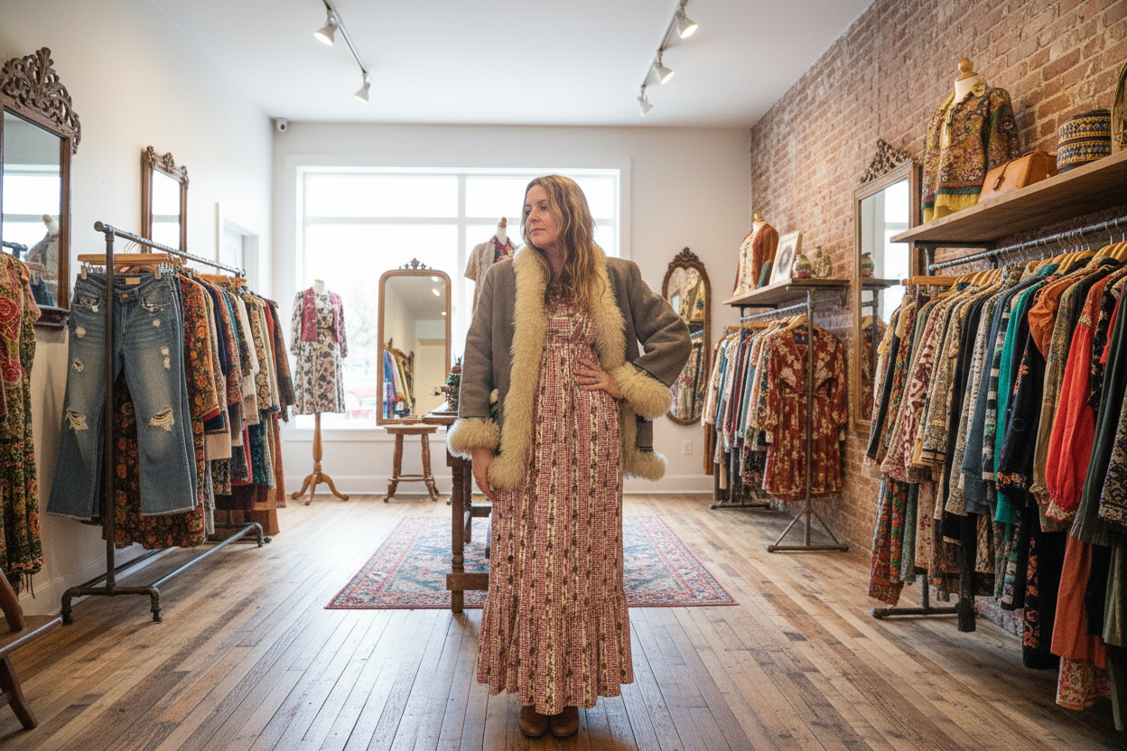 Person wearing a patterned dress with a fur-trimmed coat, standing next to a guitar.