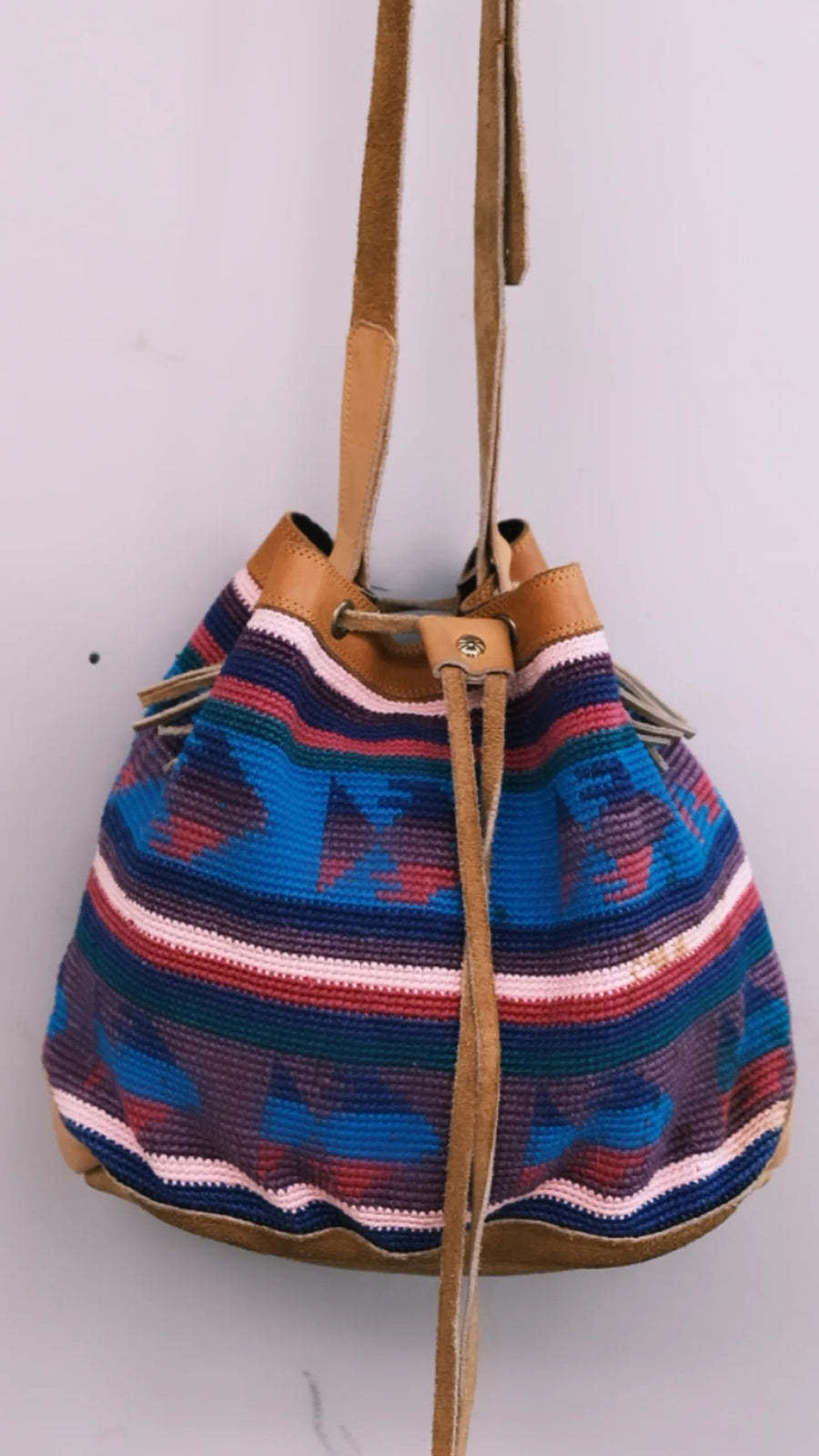 Vintage Suede Leather Multicoloured Aztec Tribal Woven Drawstring Bucket Bag