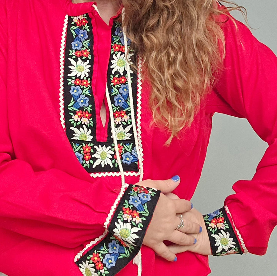 "Swiss Elegance: Red Embroidered Folk Gypsy Blouse" S/M