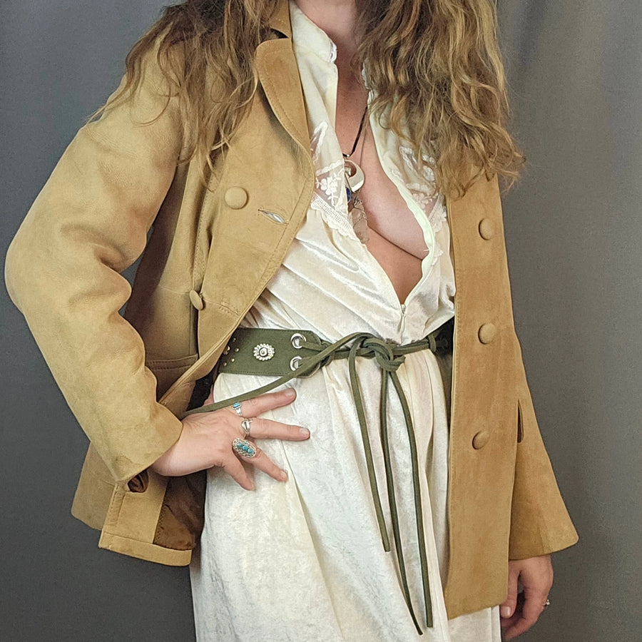 veste en cuir tan daim vintage taille femme petite (8-10) fabriquée en Turquie