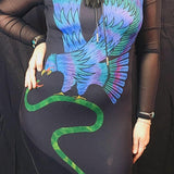 Vintage Sheer Mesh Maxi Dress – Eagle & Snake Motif