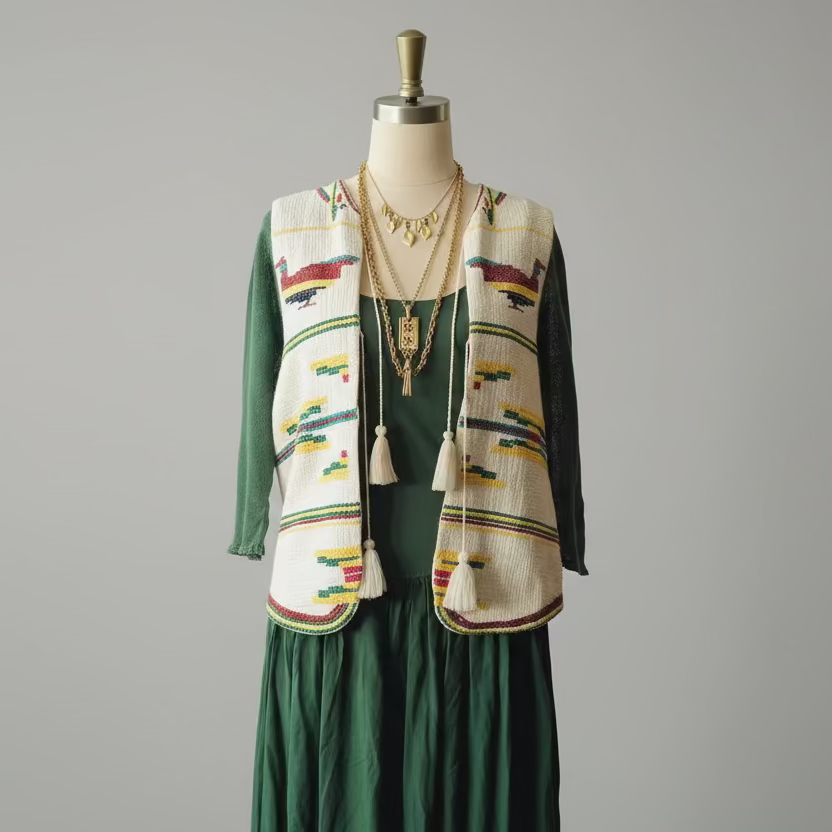 A vintage handwoven vest with Native American-inspired bird and geometric patterns, displayed on a mannequin with tasseled ties and layered necklaces.