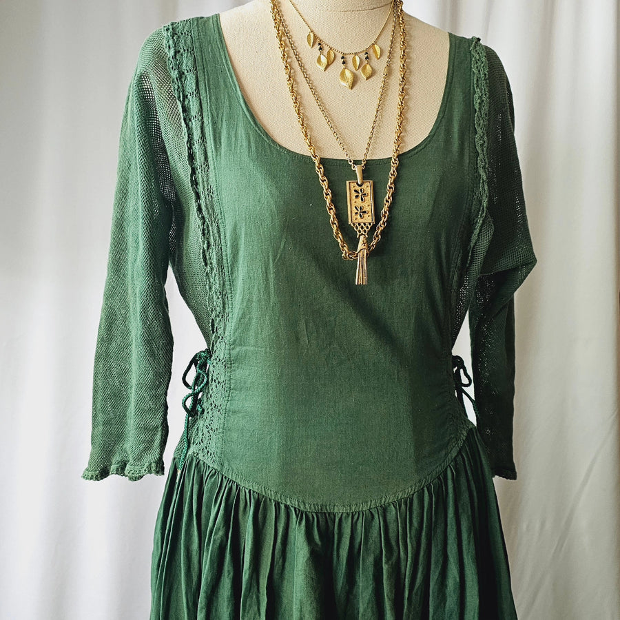 Vintage 1970s Green Cotton Lace Up Peasant Dress M