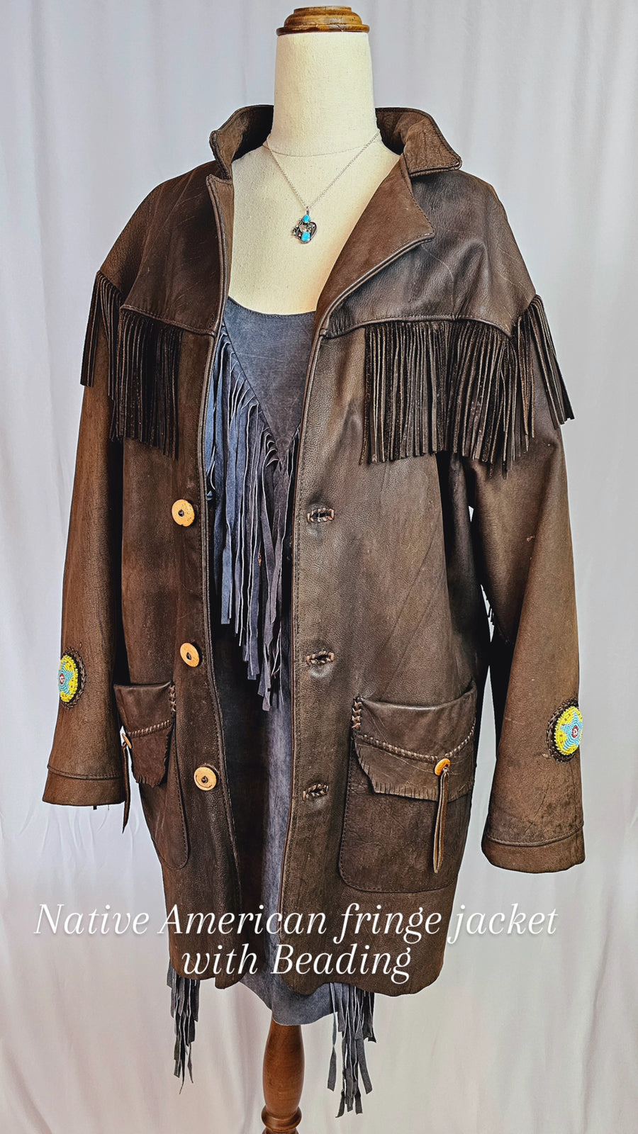 💥 Genuine LEATHER Native Indian Fringe Brown Beaded Coat Jacket M L XL Western