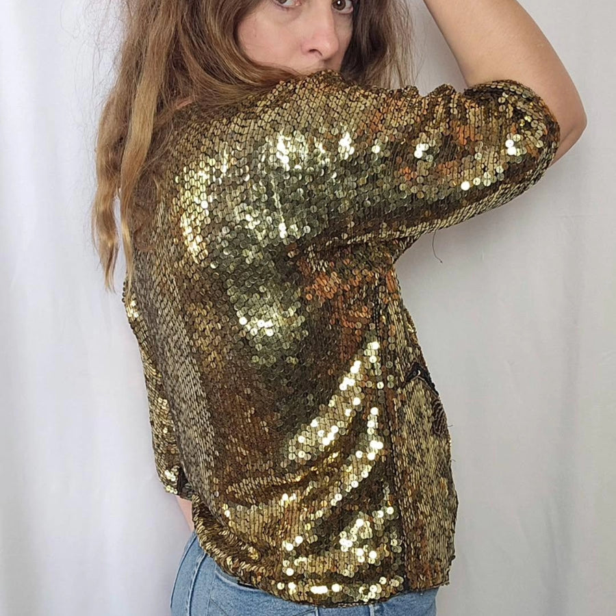 Vintage Gold Sequin Blouse with Floral Beaded Applique S/M