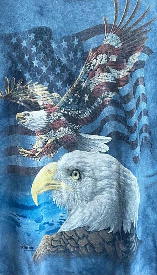 A blue acid-wash graphic t-shirt featuring a bald eagle and an American flag design, with 'JACKSONAWAY' printed on the inner neck label.