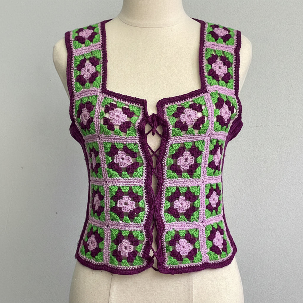 Crocheted vest with purple and green pattern on a mannequin against a gray background