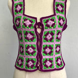Vintage 70’s Handmade Crochet Flower Vest – Lace Up Detail