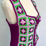 Vintage 70’s Handmade Crochet Flower Vest – Lace Up Detail
