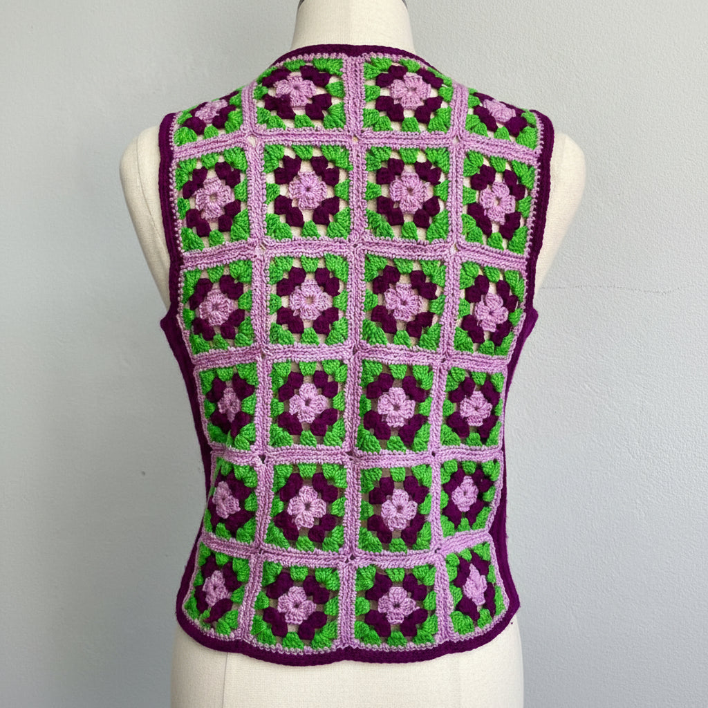 Crocheted vest with a floral pattern on a mannequin against a gray background