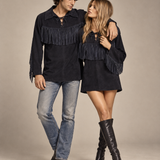 Vintage 1970s BOJO Black Suede Fringe Western Tunic – Unisex M/L