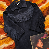 Vintage 1970s BOJO Black Suede Fringe Western Tunic – Unisex M/L