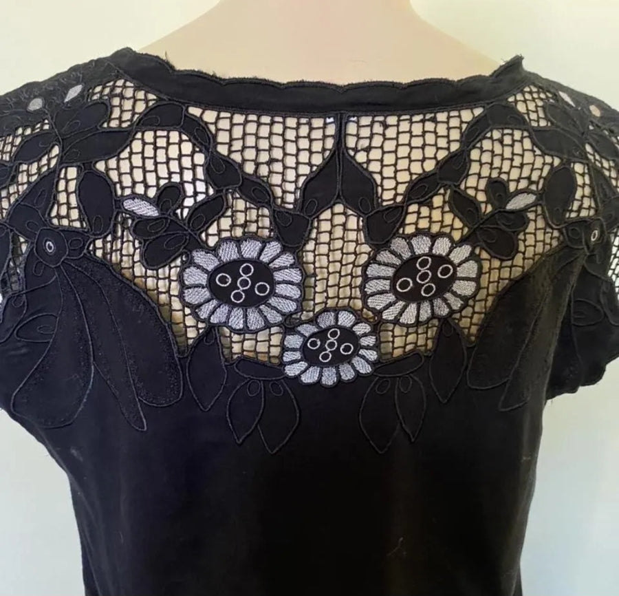 Vintage Embroidered Floral Blouse - Black And Silver - M