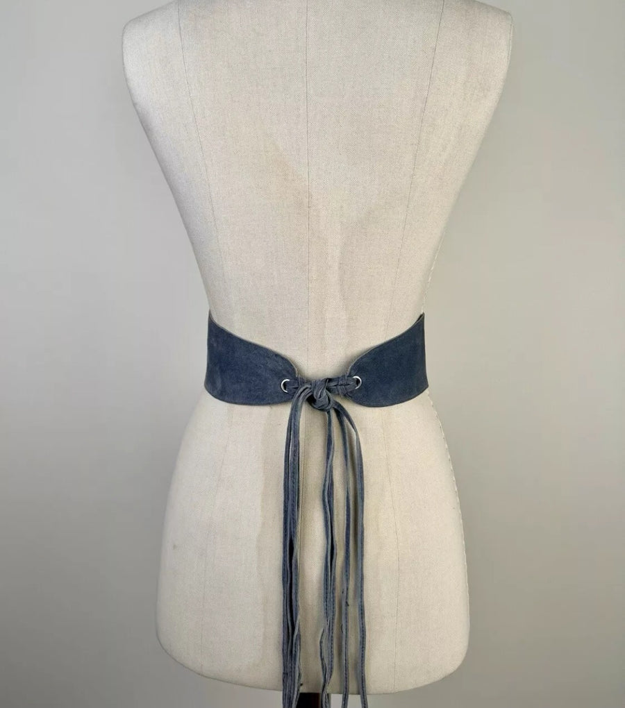 We Are Kindred Size S/M Belt Blue Grey Suede Embroidered Floral Wide Tie Fringe