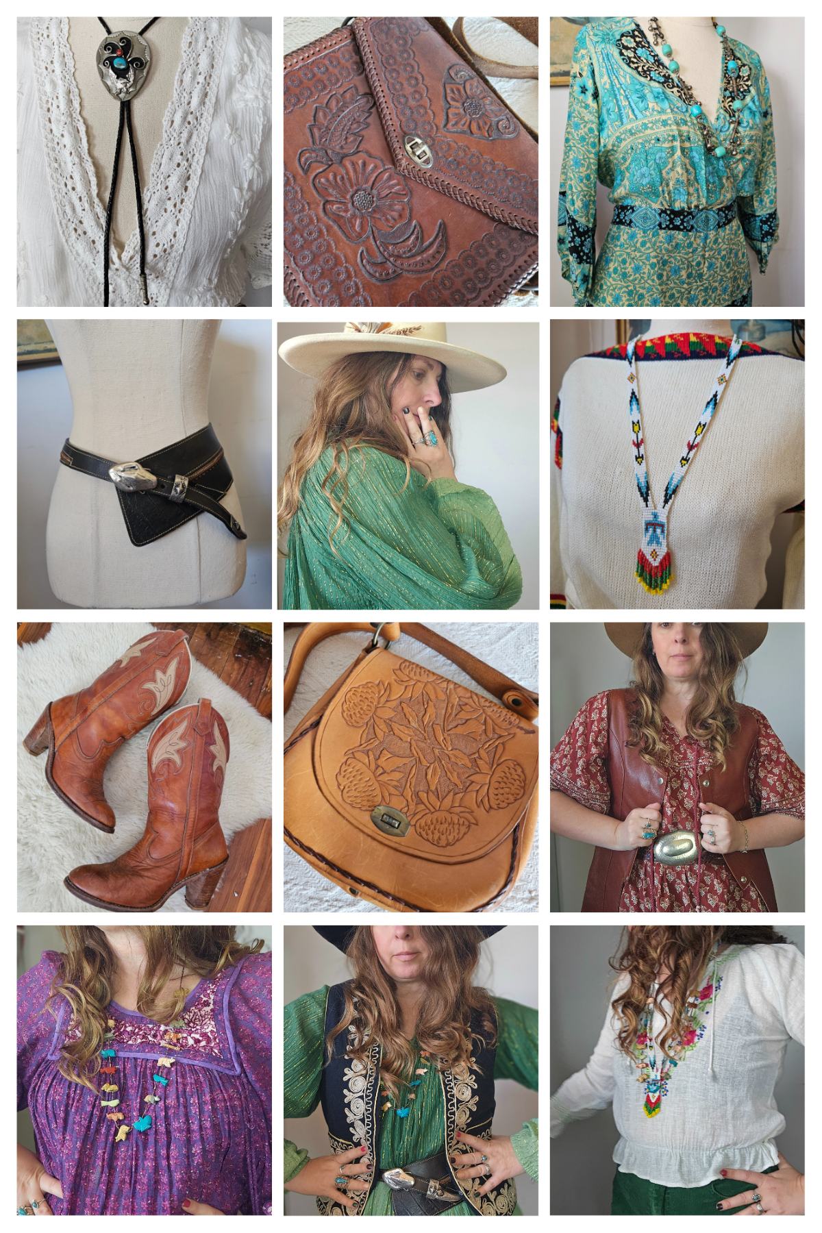 Collage of various fashion accessories including bags, boots, and jewelry.
