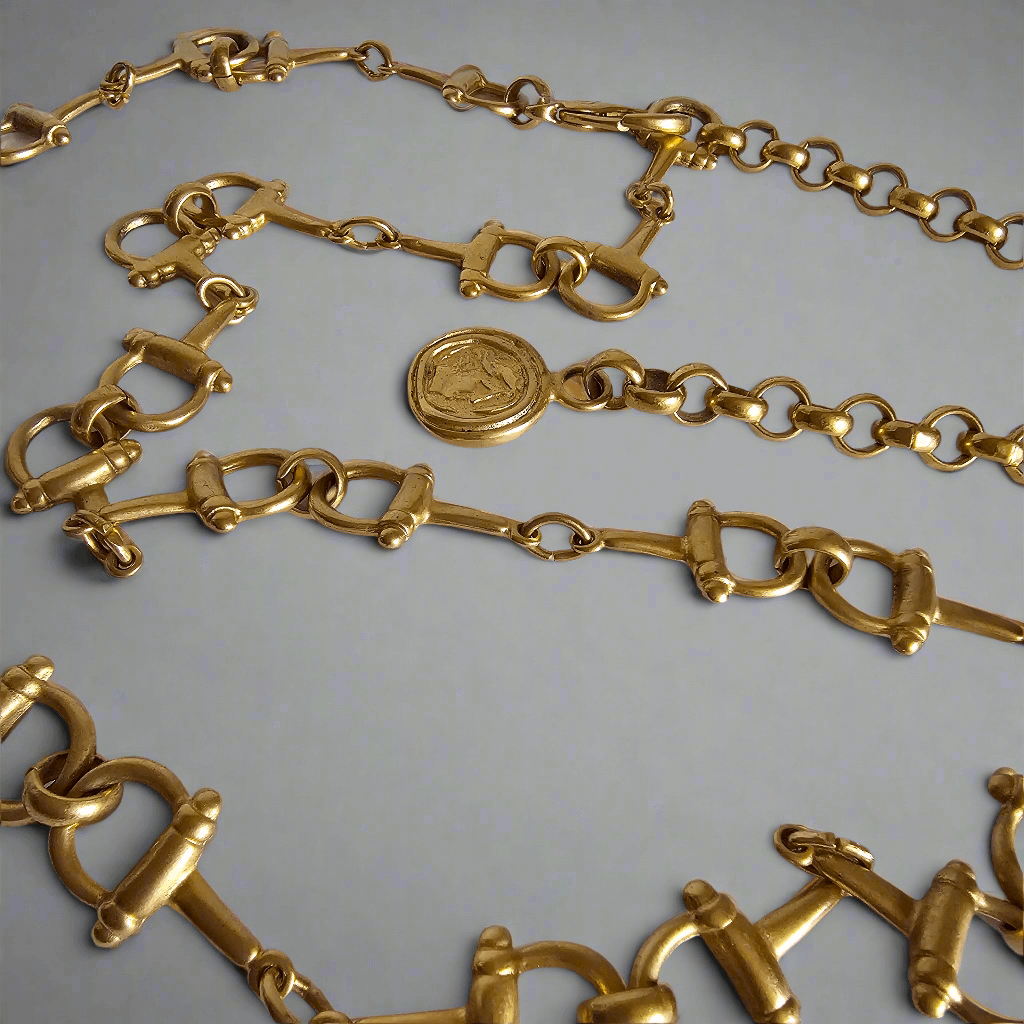 Vintage Gold-Tone Horsebit Chain Belt with Medallion Drop