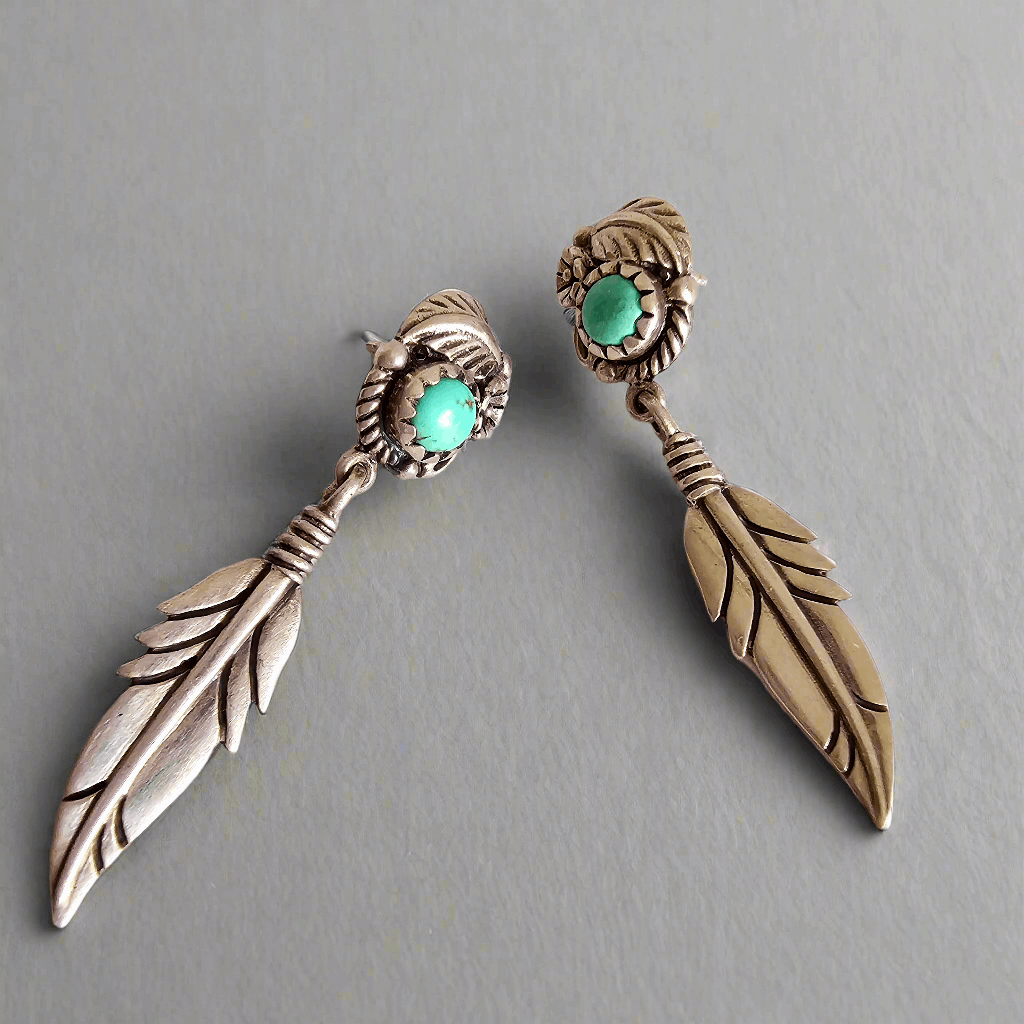 Vintage Sterling Silver Feather Earrings with Turquoise