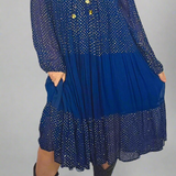 Vintage Adini Quilted Yoke Dress in Midnight Blue & Gold – Made in India (Size S/10)