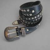 Rare Vintage L.W. Paris Studded Leather Western Belt – 118cm | Collectible Ornate Silver Buckle, 4cm Wide