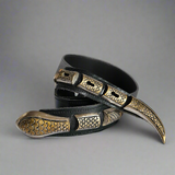 Vintage Snake Scale Western Belt – Black Leather with Brass Tip & Keeper Set
