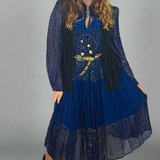 Vintage Adini Quilted Yoke Dress in Midnight Blue & Gold – Made in India (Size S/10)
