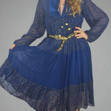 Vintage Adini Quilted Yoke Dress in Midnight Blue & Gold – Made in India (Size S/10)