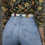 Vintage White Leather Belt with Jewel Tones – 80s Glam Vibes