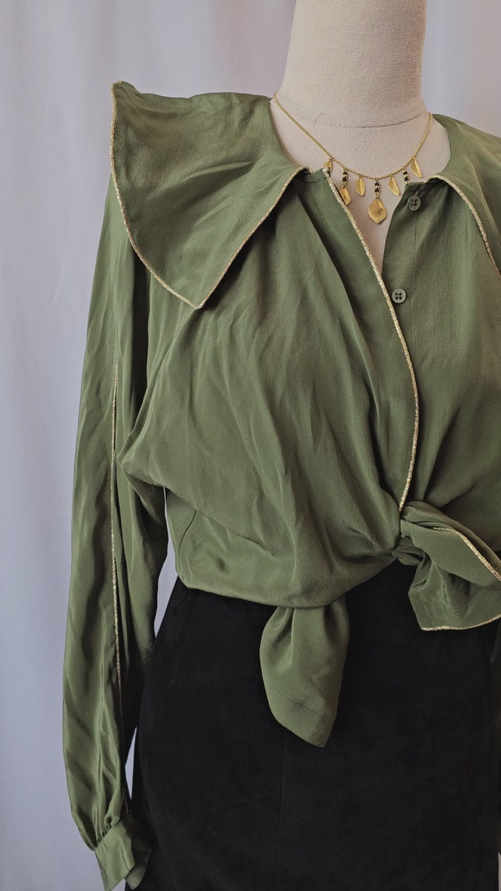 70s VINTAGE OLIVE GREEN SILK SHIRT