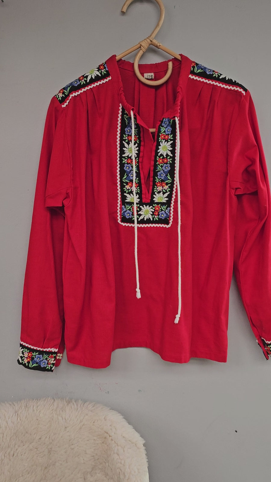 "Swiss Elegance: Red Embroidered Folk Gypsy Blouse" S/M