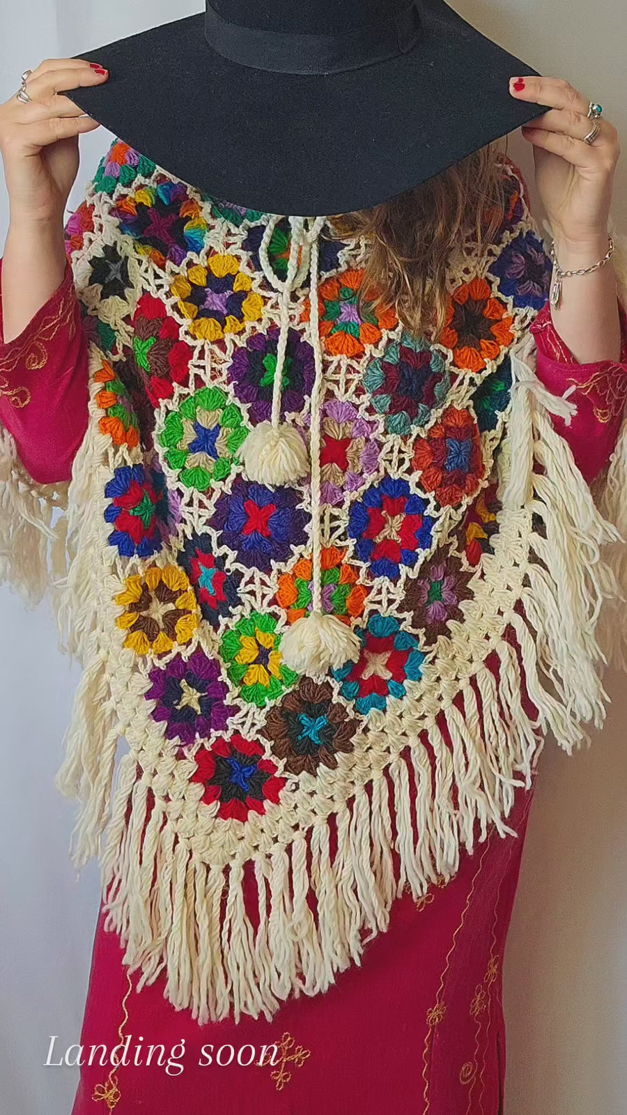 Made In Nepal Pure Wool Rainbow Flower Poncho Jacket OS Fringed Pom Poms