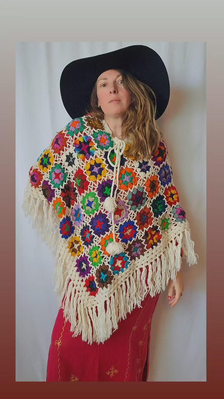 Made In Nepal Pure Wool Rainbow Flower Poncho Jacket OS Fringed Pom Poms