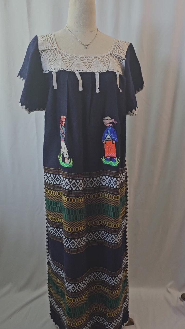 DRESS Maxi Hand Woven Embroidered Crochet yoke Equador Sz S Navy Blanket Artisan