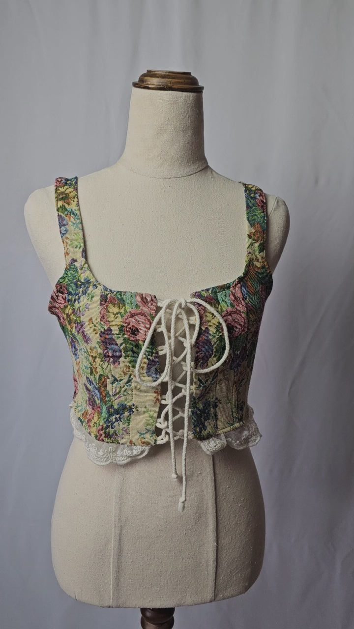 Tapestry Corset Bustier Top Floral Cottagecore Renaissance Lace Up xs/s