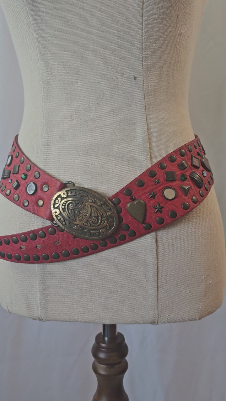 Vintage Red Leather concho Belt M