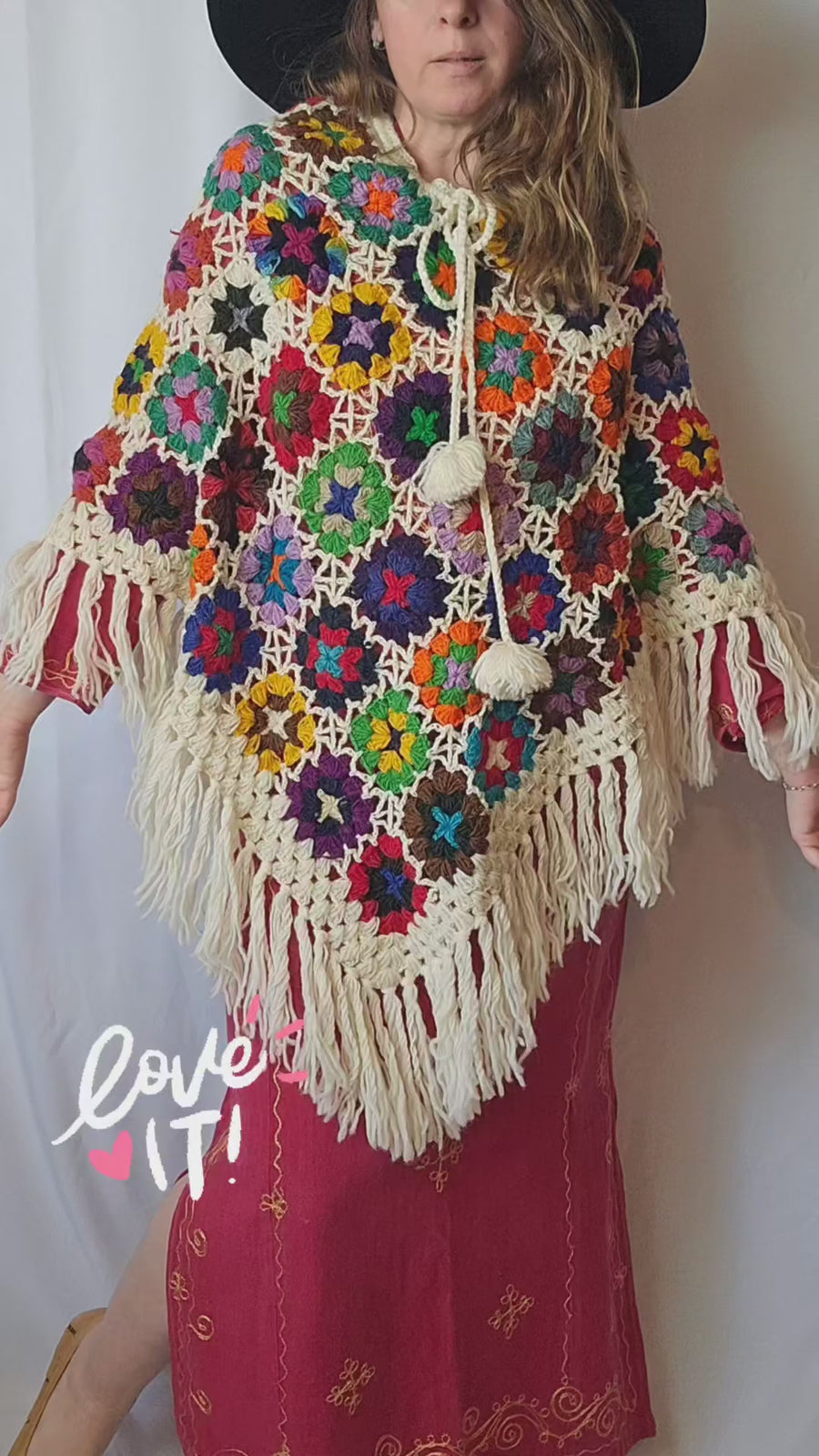 Made In Nepal Pure Wool Rainbow Flower Poncho Jacket OS Fringed Pom Poms