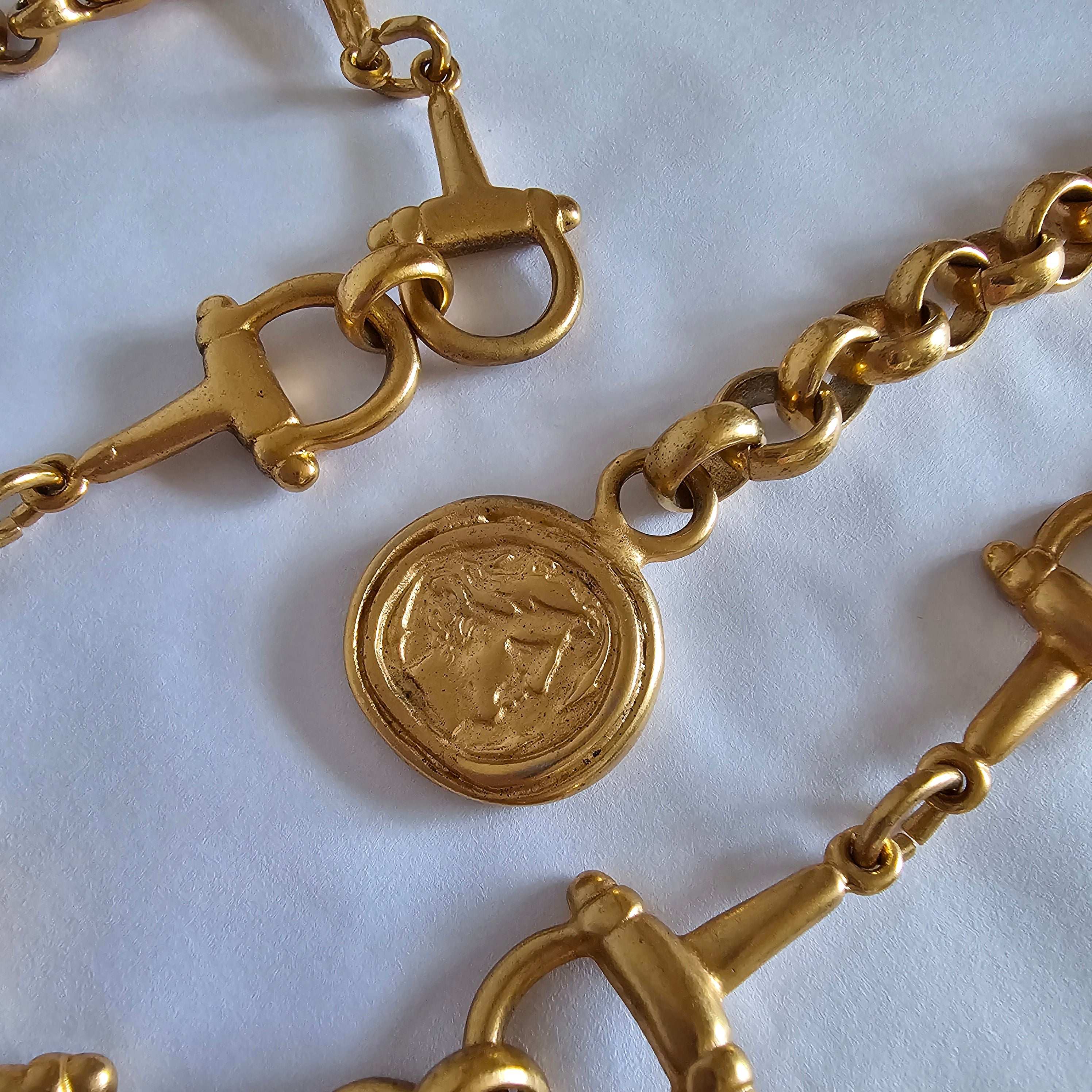 Vintage Gold-Tone Horsebit Chain Belt with Medallion Drop