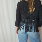 Superdry “Deluxe” Super Bolt Black Fringed Leather Jacket – Small