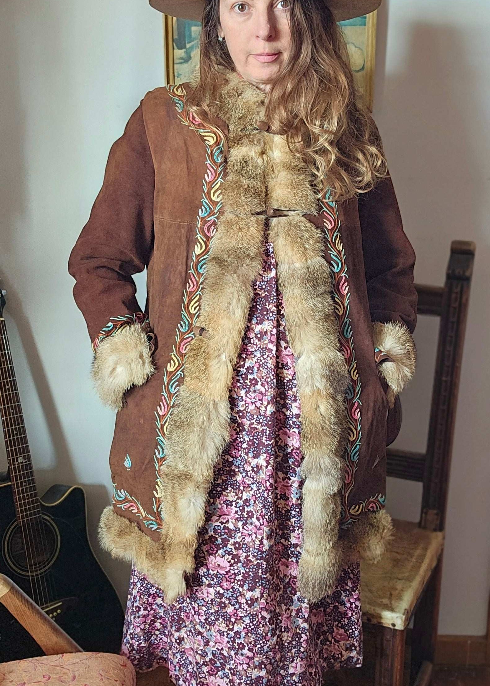 Vintage Suede & Fur Embroidered Coat – Boho Western Collector's Piece