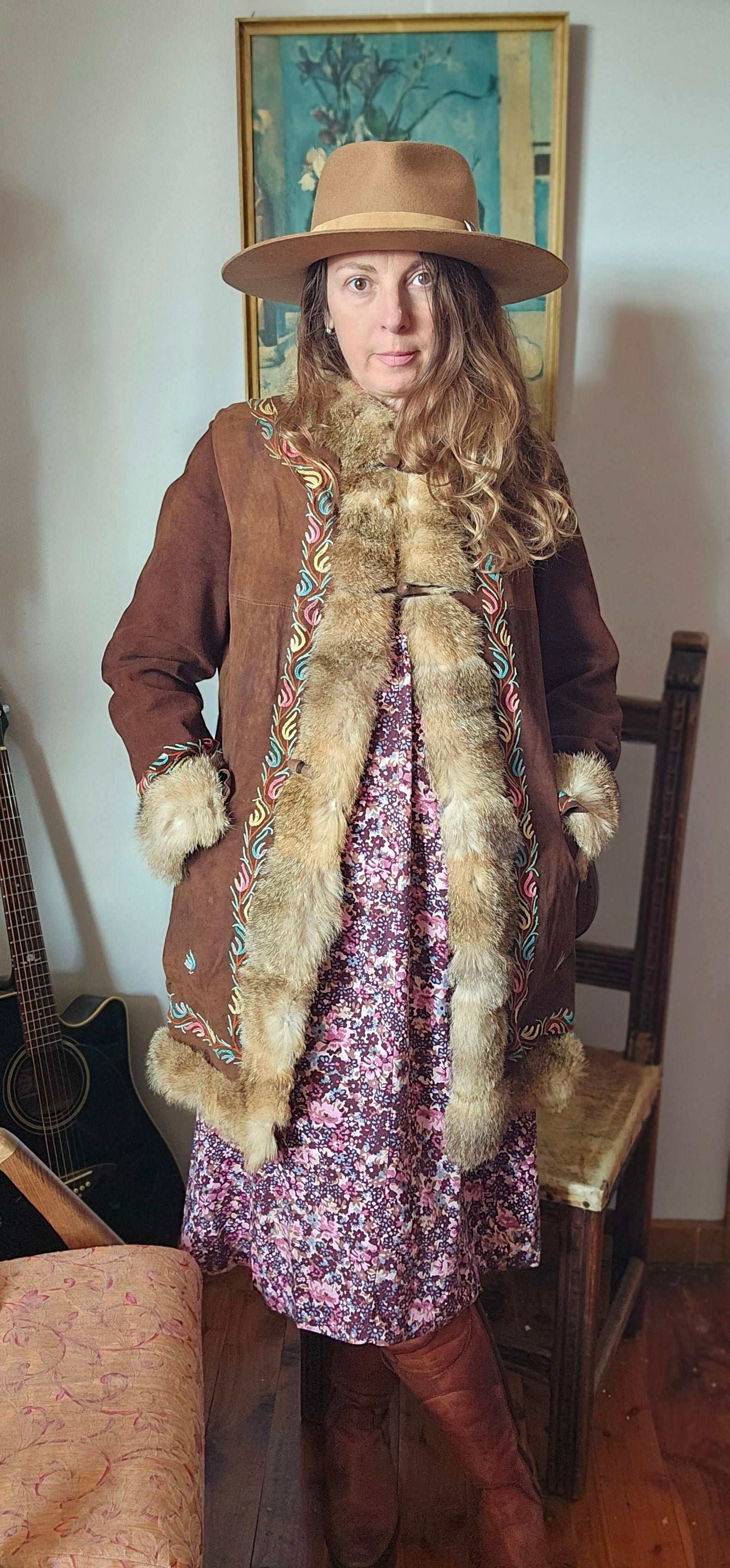 Vintage Suede & Fur Embroidered Coat – Boho Western Collector's Piece